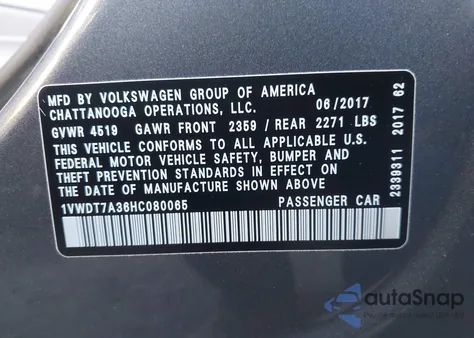 2017 Volkswagen Passat 1.8T R-Line z USA, uszkodzony, nr VIN 1VWDT7A36HC080065